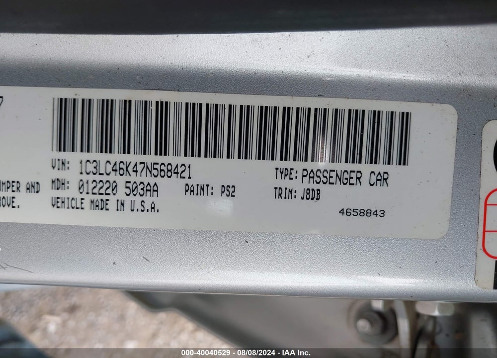2007 CHRYSLER SEBRING VIN: 1C3LC46K47N568421