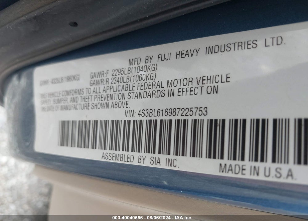 2008 SUBARU LEGACY 2.5I VIN: 4S3BL616987225753