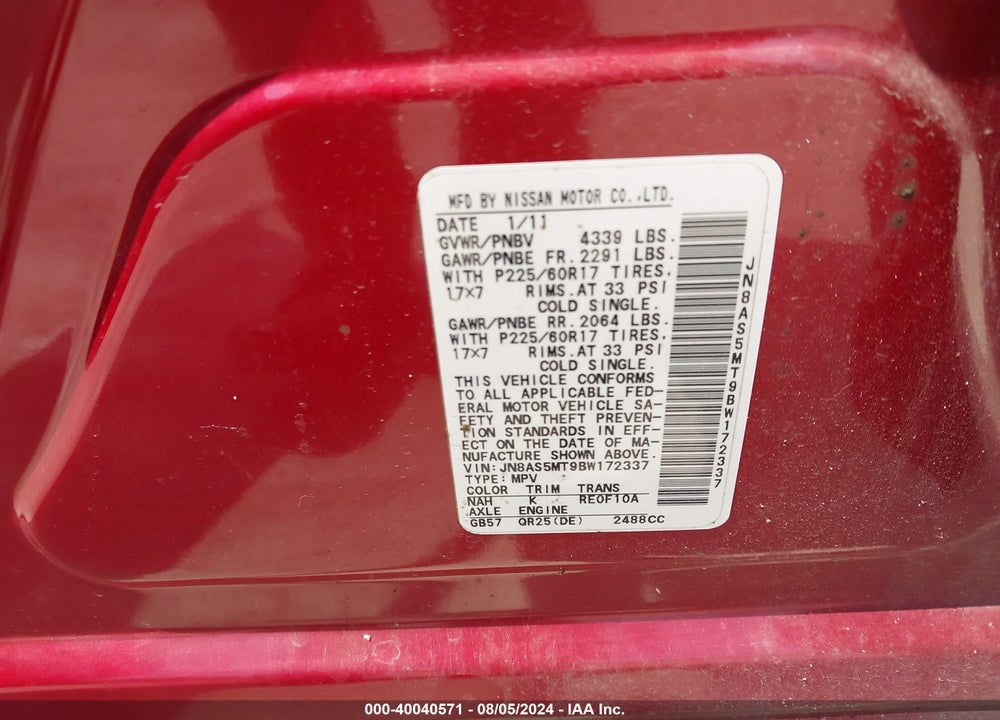 2011 NISSAN ROGUE SV VIN: JN8AS5MT9BW172337