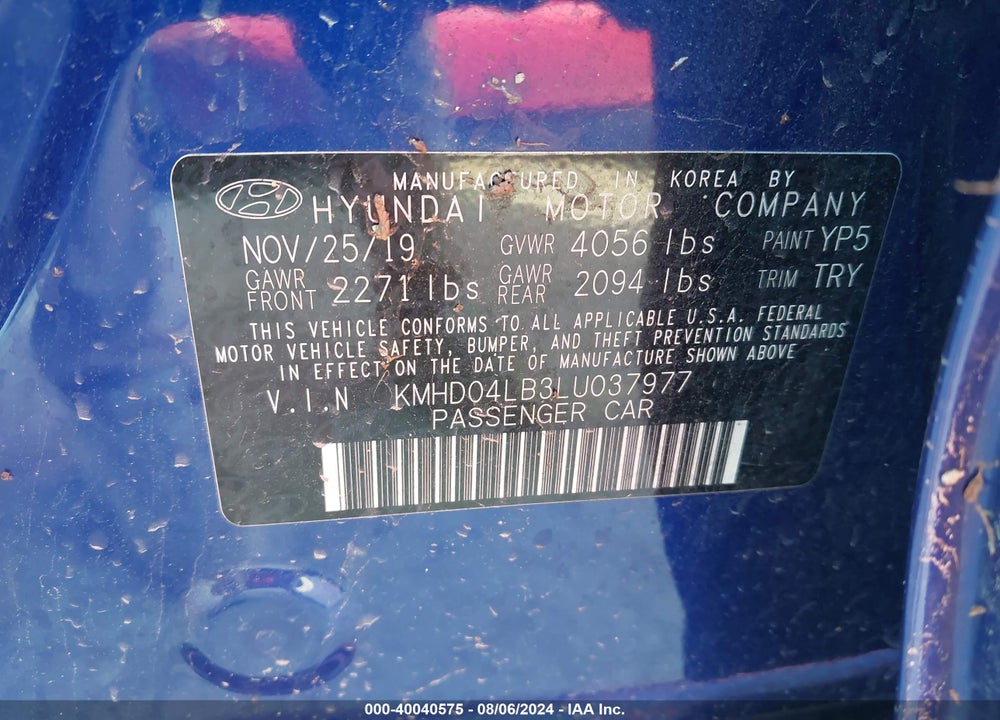 2020 HYUNDAI ELANTRA SPORT VIN: KMHD04LB3LU037977