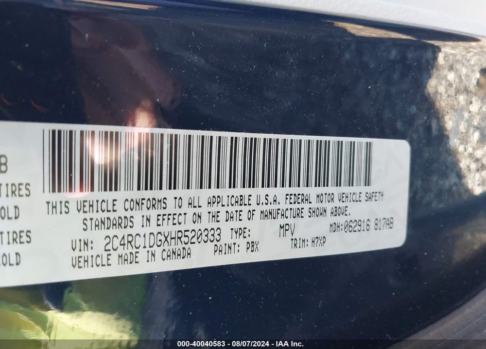 2017 CHRYSLER PACIFICA TOURING VIN: 2C4RC1DGXHR520333