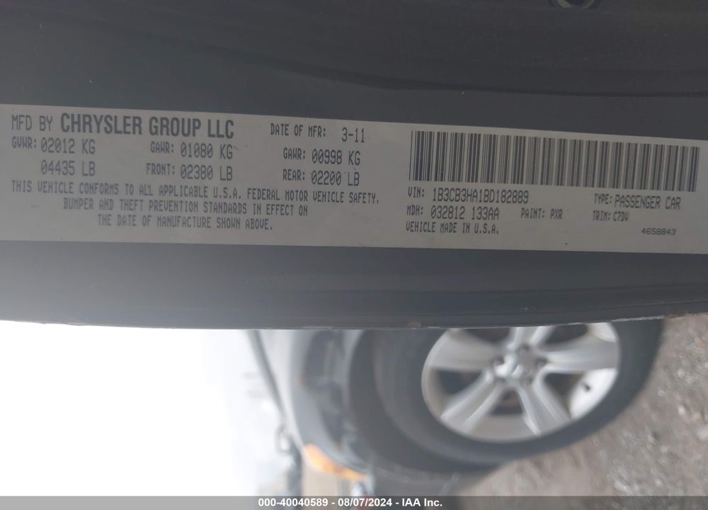 2011 DODGE CALIBER MAINSTREET VIN: 1B3CB3HA1BD182889