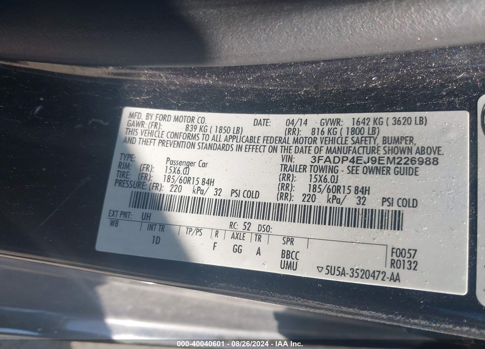 2014 FORD FIESTA SE VIN: 3FADP4EJ9EM226988