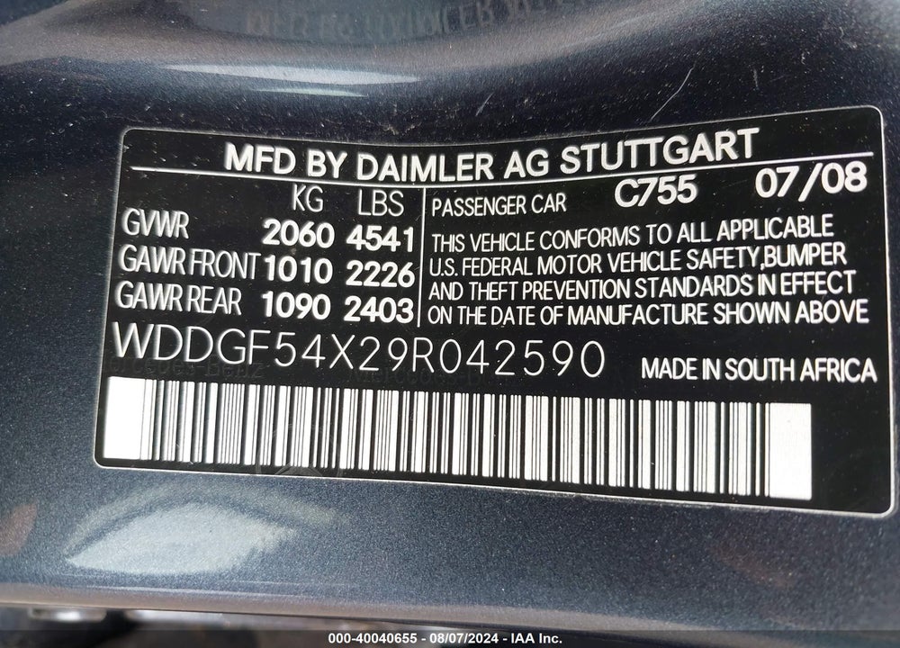 2009 MERCEDES-BENZ C 300 LUXURY/SPORT VIN: WDDGF54X29R042590