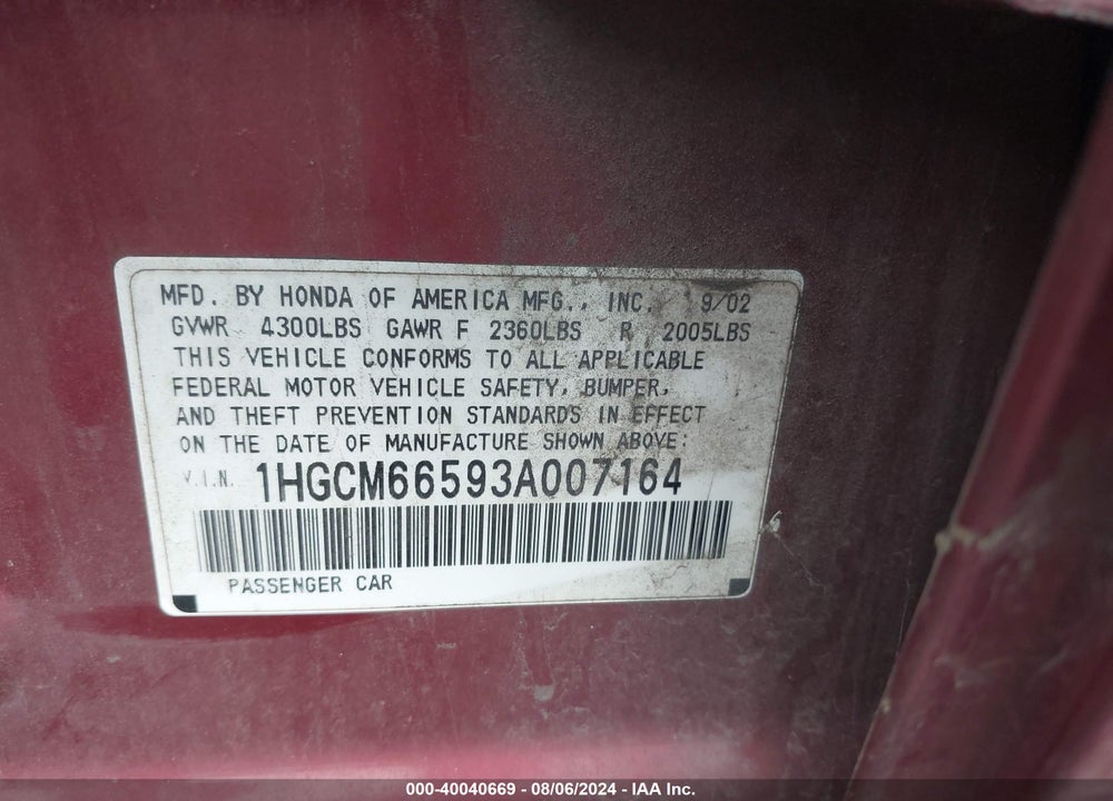 2003 HONDA ACCORD 3.0 EX VIN: 1HGCM66593A007164