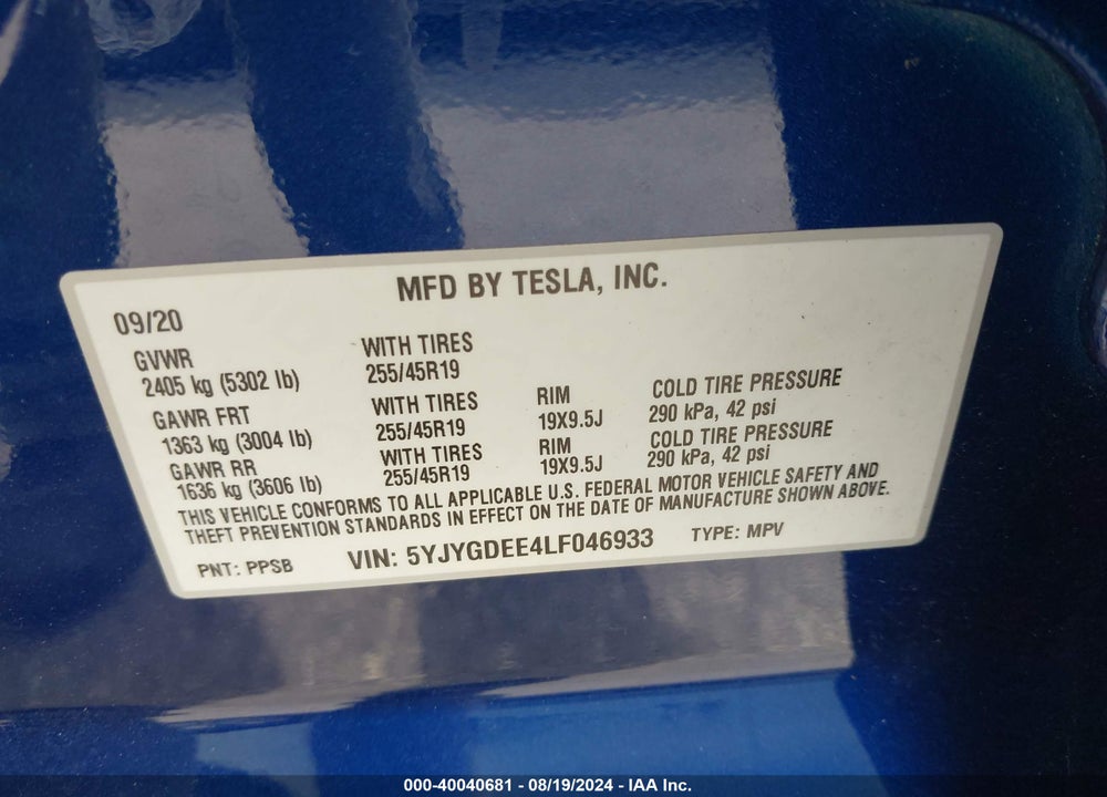 2020 TESLA MODEL Y LONG RANGE DUAL MOTOR ALL-WHEEL DRIVE VIN: 5YJYGDEE4LF046933