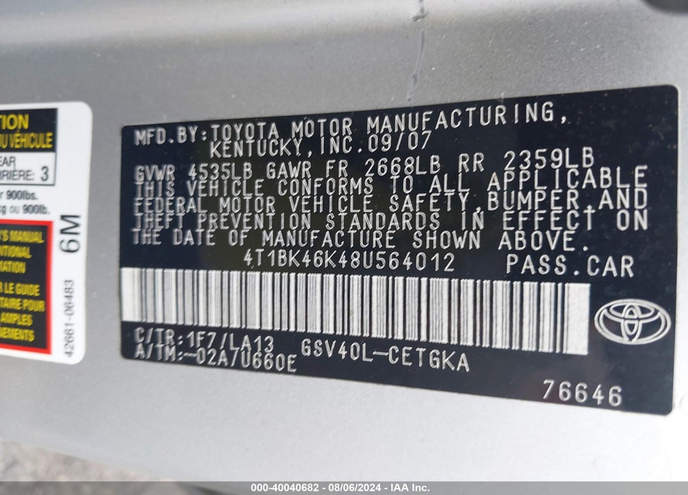 2008 TOYOTA CAMRY XLE V6 VIN: 4T1BK46K48U564012