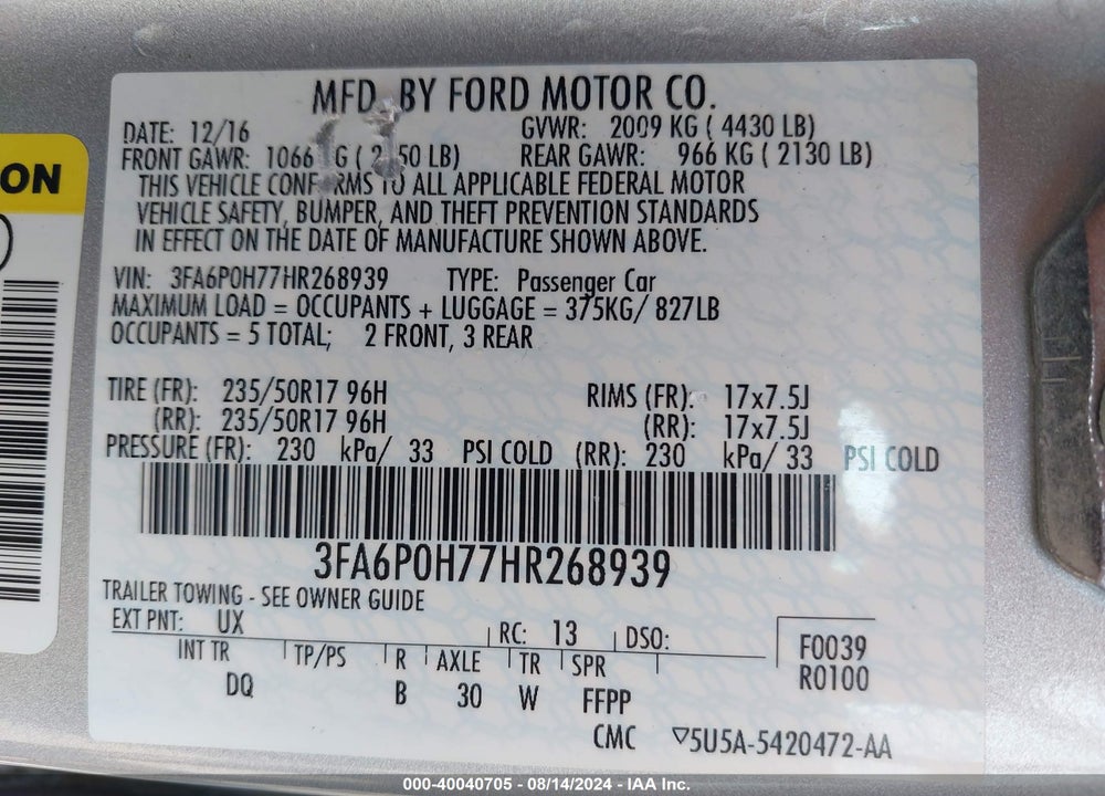 2017 FORD FUSION SE VIN: 3FA6P0H77HR268939
