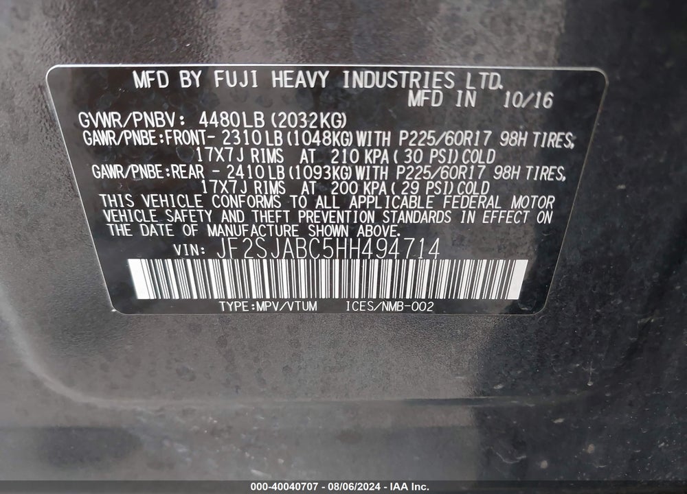 2017 SUBARU FORESTER 2.5I VIN: JF2SJABC5HH494714