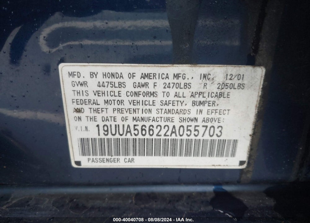 2002 ACURA TL 3.2 VIN: 19UUA56622A055703