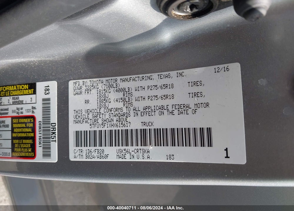 2017 TOYOTA TUNDRA VIN: 5TFUY5F1XHX615617