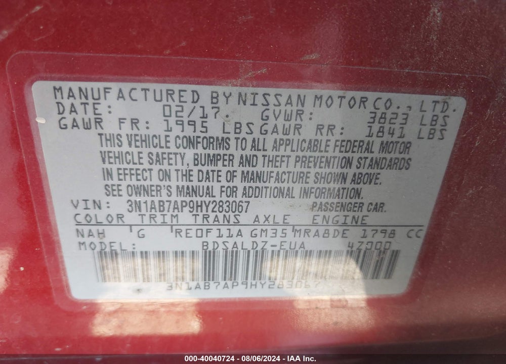 2017 NISSAN SENTRA SV VIN: 3N1AB7AP9HY283067
