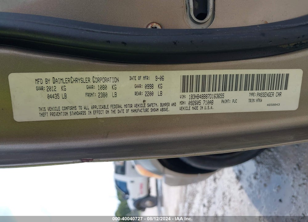 2007 DODGE CALIBER SXT VIN: 1B3HB48B87D163655