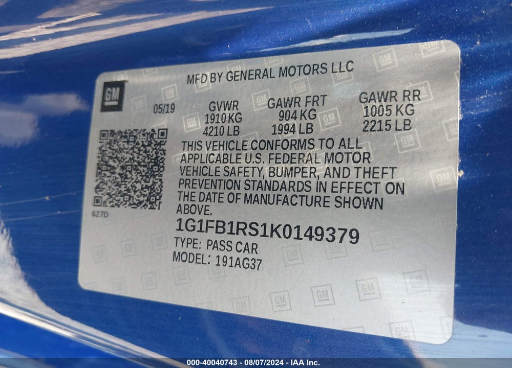 2019 CHEVROLET CAMARO 1LT VIN: 1G1FB1RS1K0149379