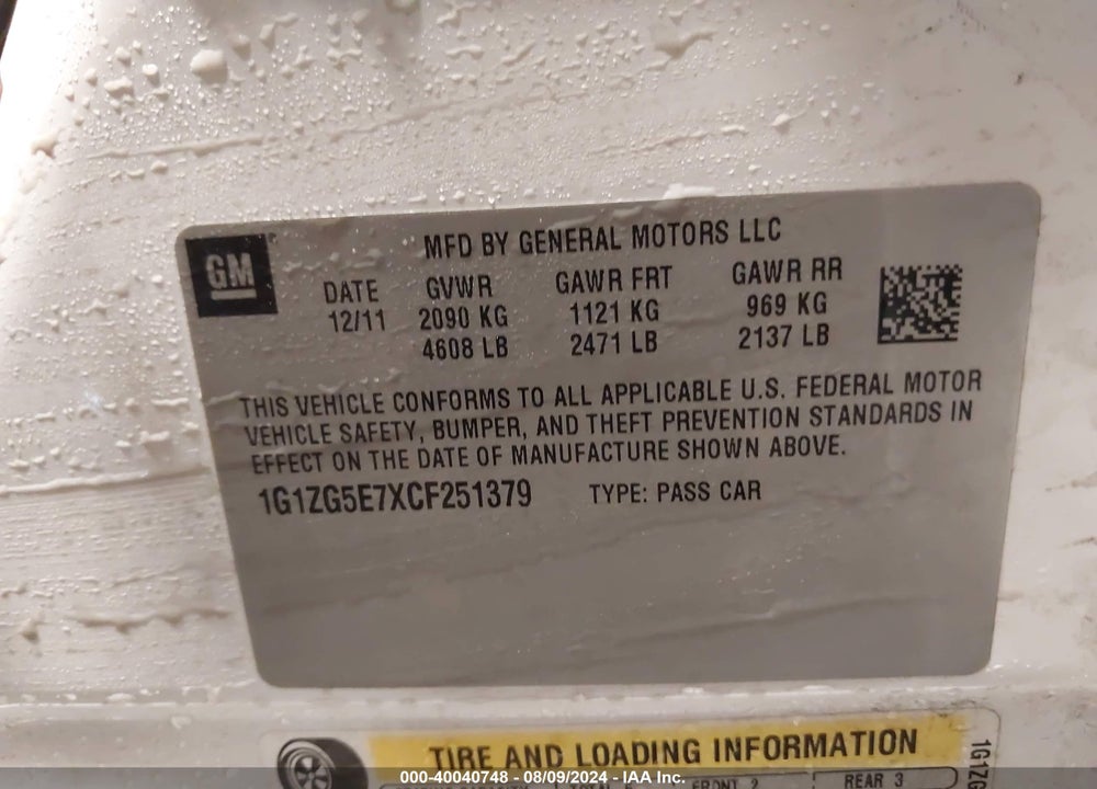 2012 CHEVROLET MALIBU 2LZ VIN: 1G1ZG5E7XCF251379