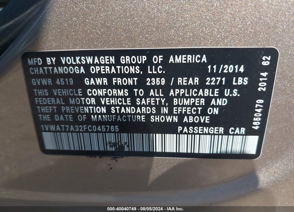 2015 VOLKSWAGEN PASSAT 1.8T S VIN: 1VWAT7A32FC045765