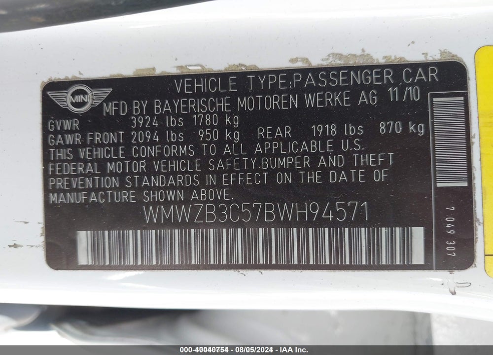 2011 MINI COOPER COUNTRYMAN VIN: WMWZB3C57BWH94571