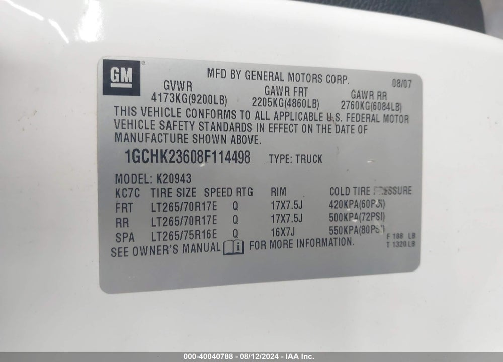 2008 CHEVROLET SILVERADO 2500HD LTZ VIN: 1GCHK23608F114498