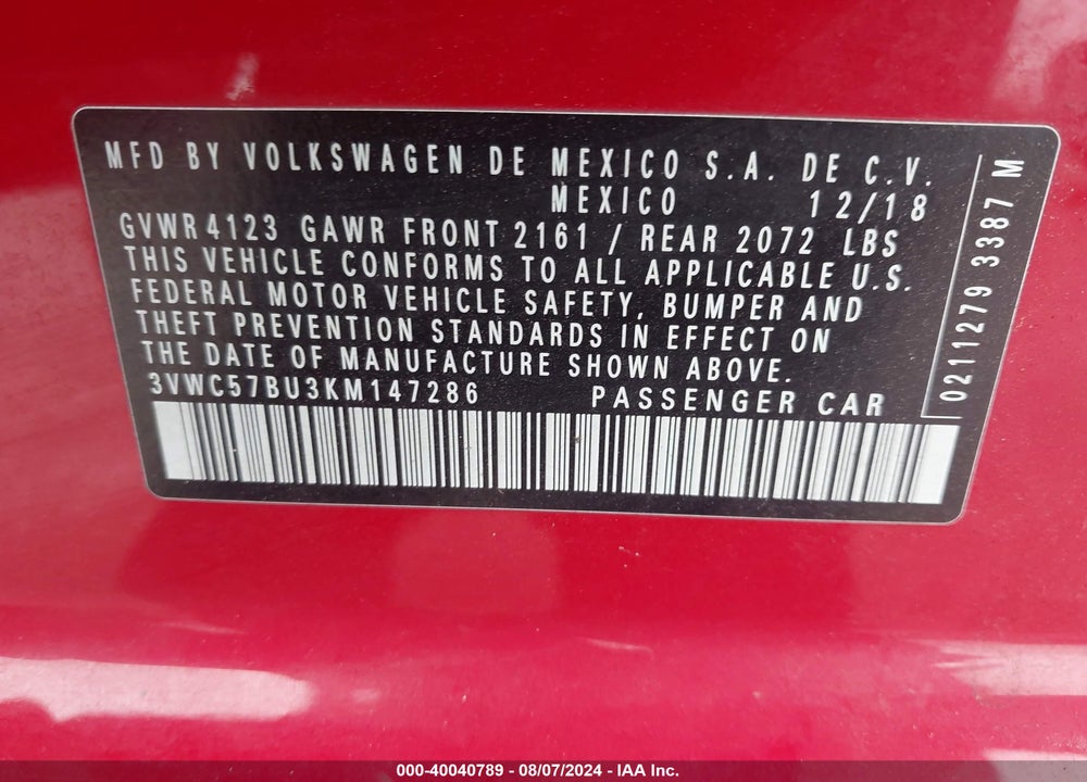 2019 VOLKSWAGEN JETTA 1.4T R-LINE/1.4T S/1.4T SE VIN: 3VWC57BU3KM147286