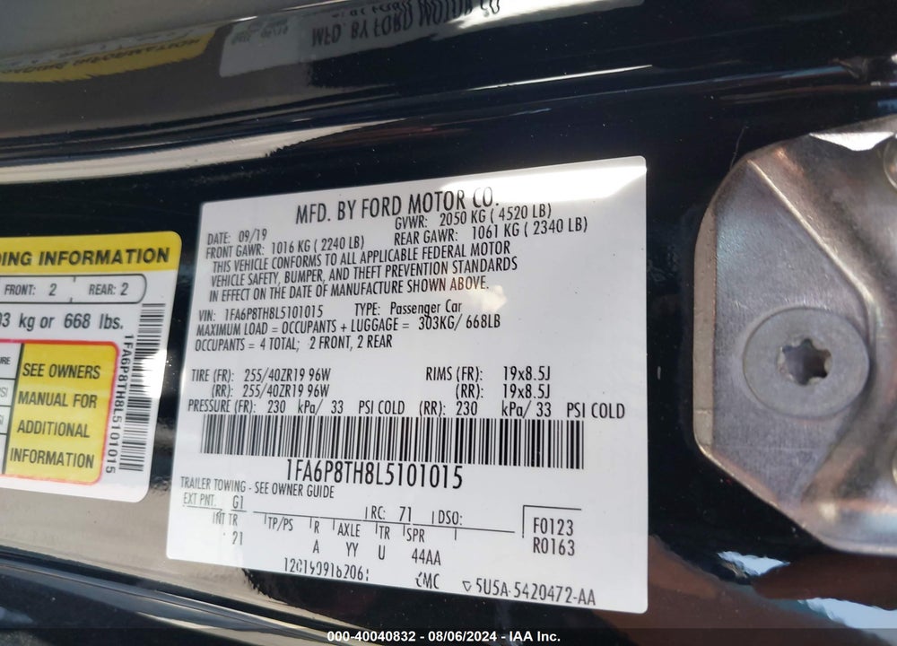 2020 FORD MUSTANG VIN: 1FA6P8TH8L5101015