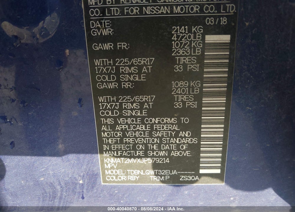 2018 NISSAN ROGUE SV VIN: KNMAT2MVXJP579214