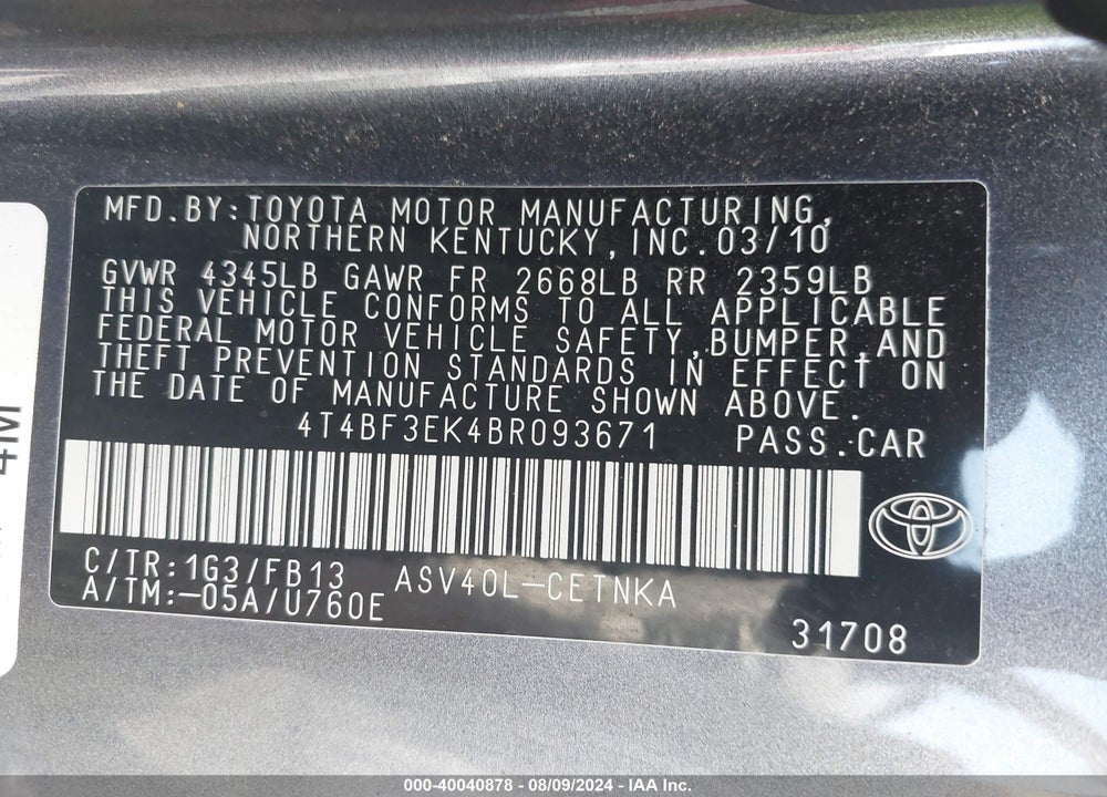 2011 TOYOTA CAMRY LE VIN: 4T4BF3EK4BR093671