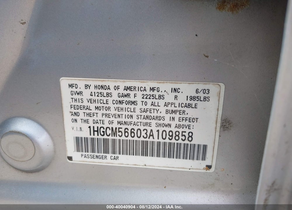 2003 HONDA ACCORD 2.4 EX VIN: 1HGCM56603A109858