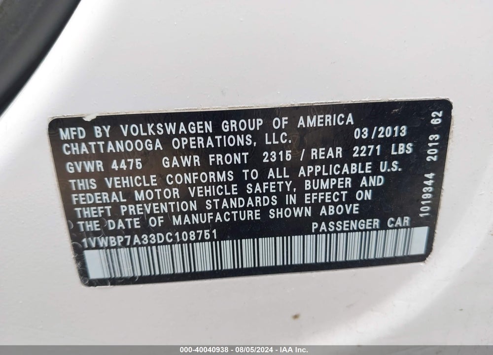 2013 VOLKSWAGEN PASSAT 2.5L SE VIN: 1VWBP7A33DC108751