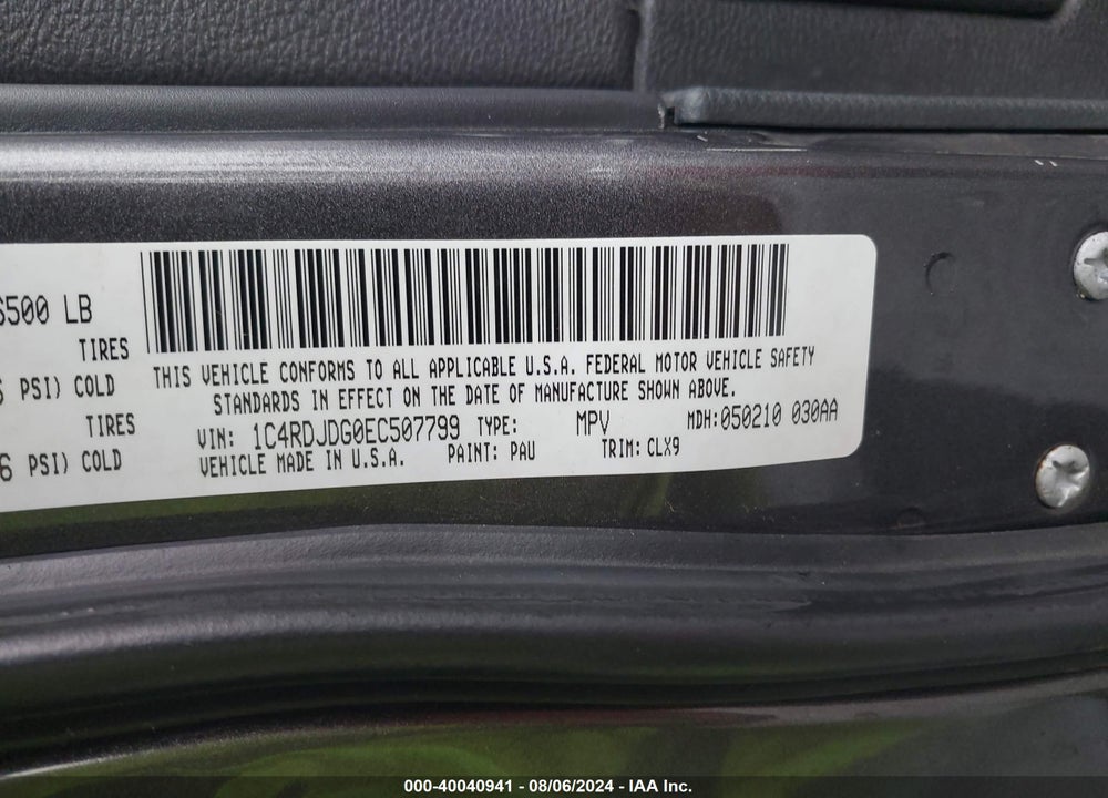 2014 DODGE DURANGO LIMITED VIN: 1C4RDJDG0EC507799