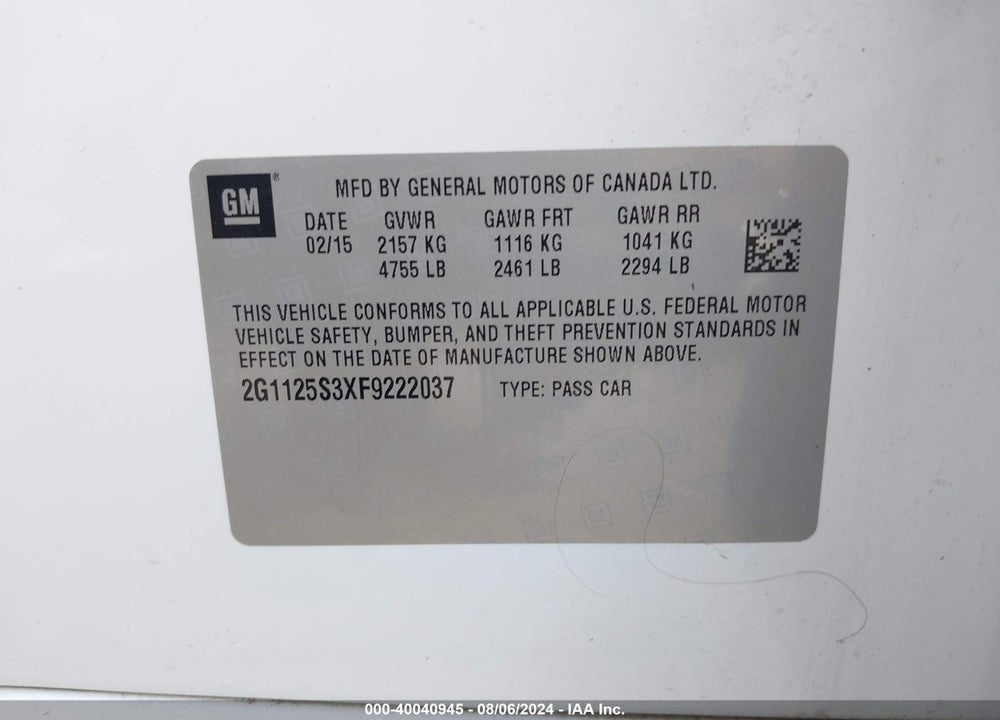 2015 CHEVROLET IMPALA 2LT VIN: 2G1125S3XF9222037