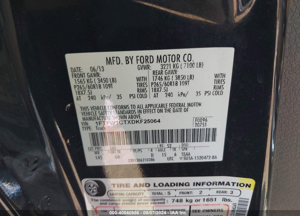 2013 FORD F-150 XLT VIN: 1FTFW1CTXDKF25064