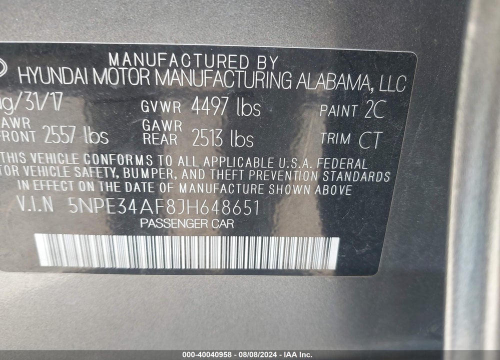 2018 HYUNDAI SONATA SPORT VIN: 5NPE34AF8JH648651