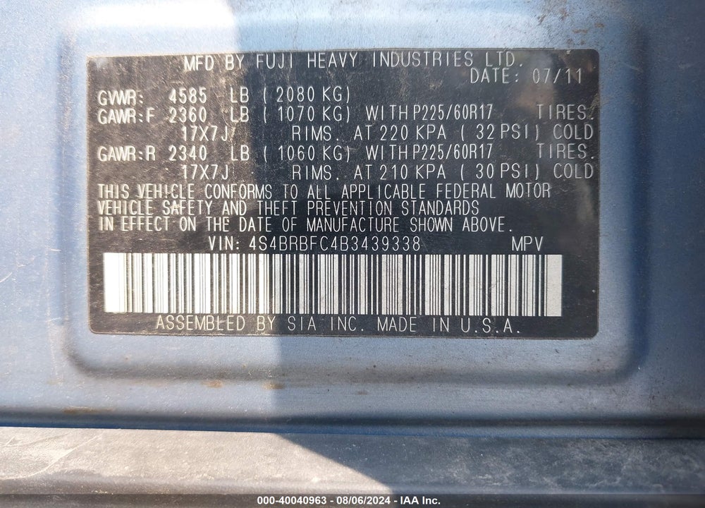 2011 SUBARU OUTBACK 2.5I PREMIUM VIN: 4S4BRBFC4B3439338