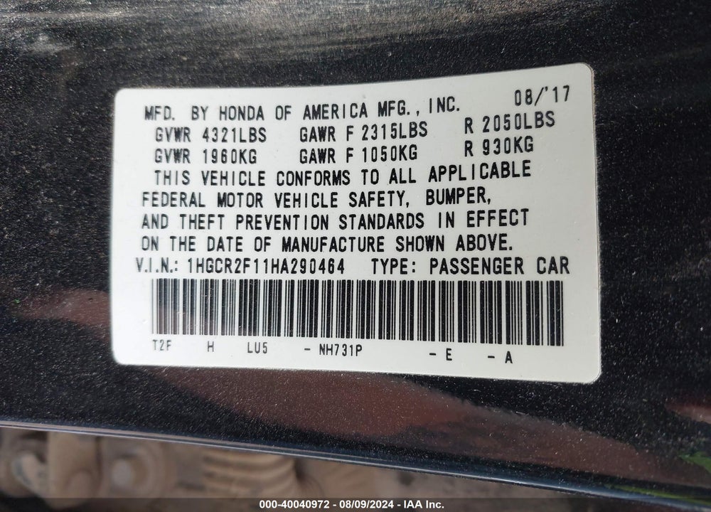2017 HONDA ACCORD VIN: 1HGCR2F11HA290464