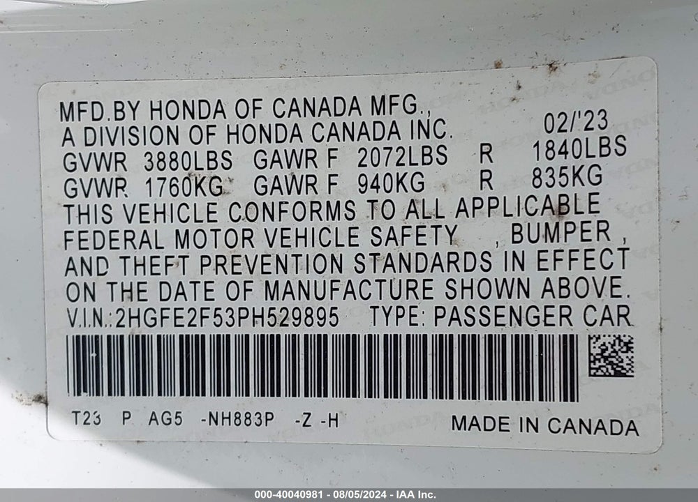 2023 HONDA CIVIC SPORT VIN: 2HGFE2F53PH529895