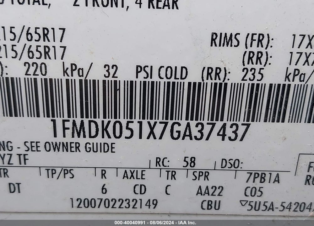 2007 FORD FREESTYLE SEL VIN: 1FMDK051X7GA37437