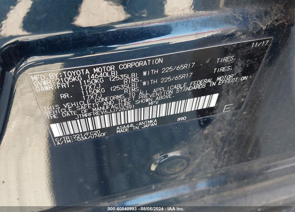 2018 TOYOTA RAV4 XLE VIN: JTMRFREV6JJ726391