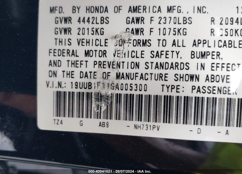 2016 ACURA TLX VIN: 19UUB1F31GA005300