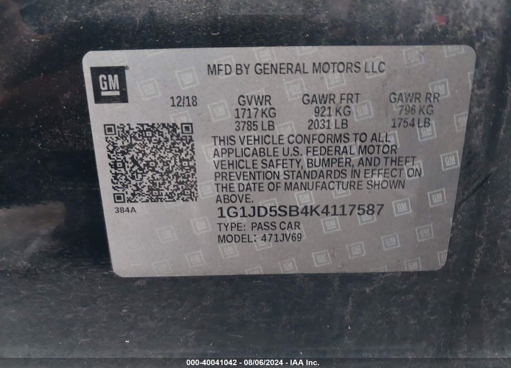 2019 CHEVROLET SONIC LT AUTO VIN: 1G1JD5SB4K4117587