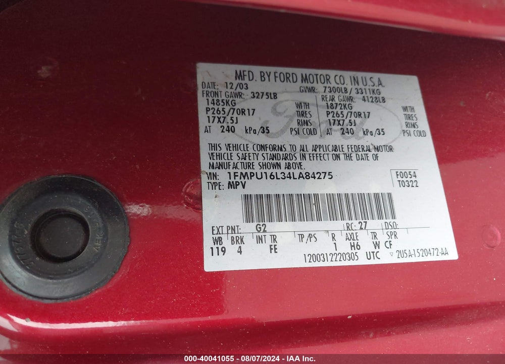 2004 FORD EXPEDITION NBX/XLT VIN: 1FMPU16L34LA84275