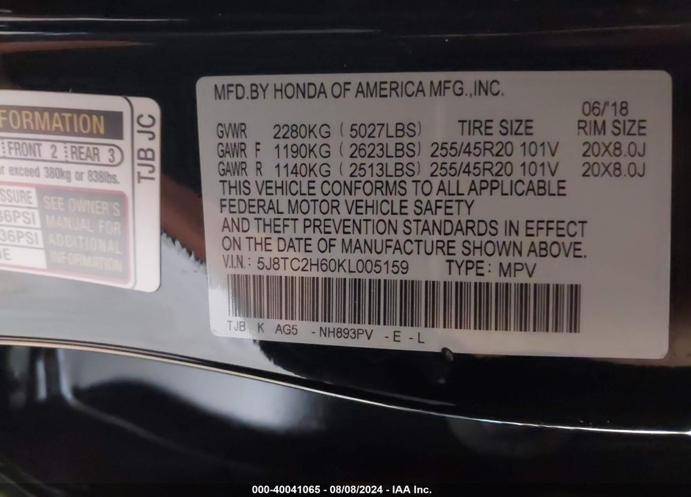 2019 ACURA RDX A-SPEC PACKAGE VIN: 5J8TC2H60KL005159