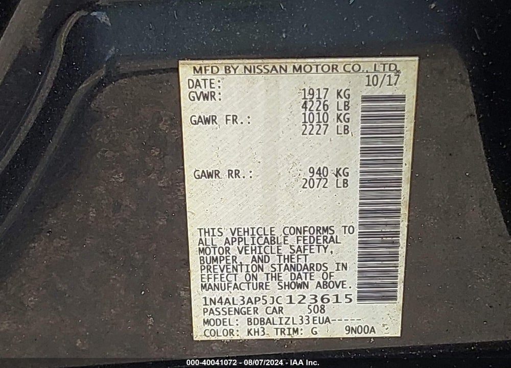2018 NISSAN ALTIMA VIN: 1N4AL3AP5JC123615