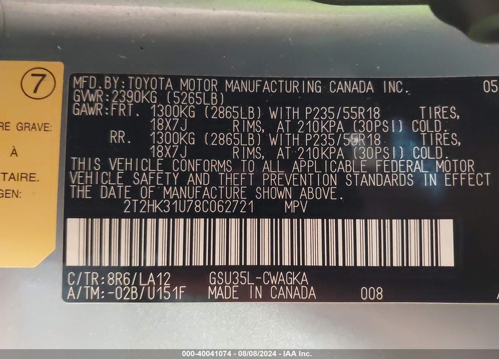 2008 LEXUS RX 350 VIN: 2T2HK31U78C062721