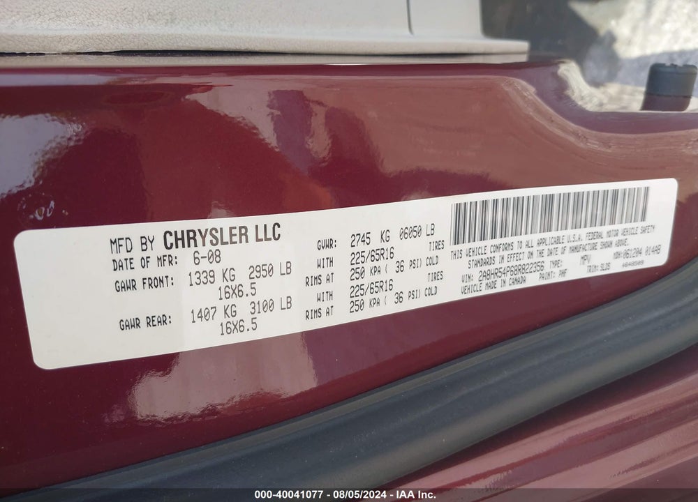 2008 CHRYSLER TOWN & COUNTRY TOURING VIN: 2A8HR54P68R822356