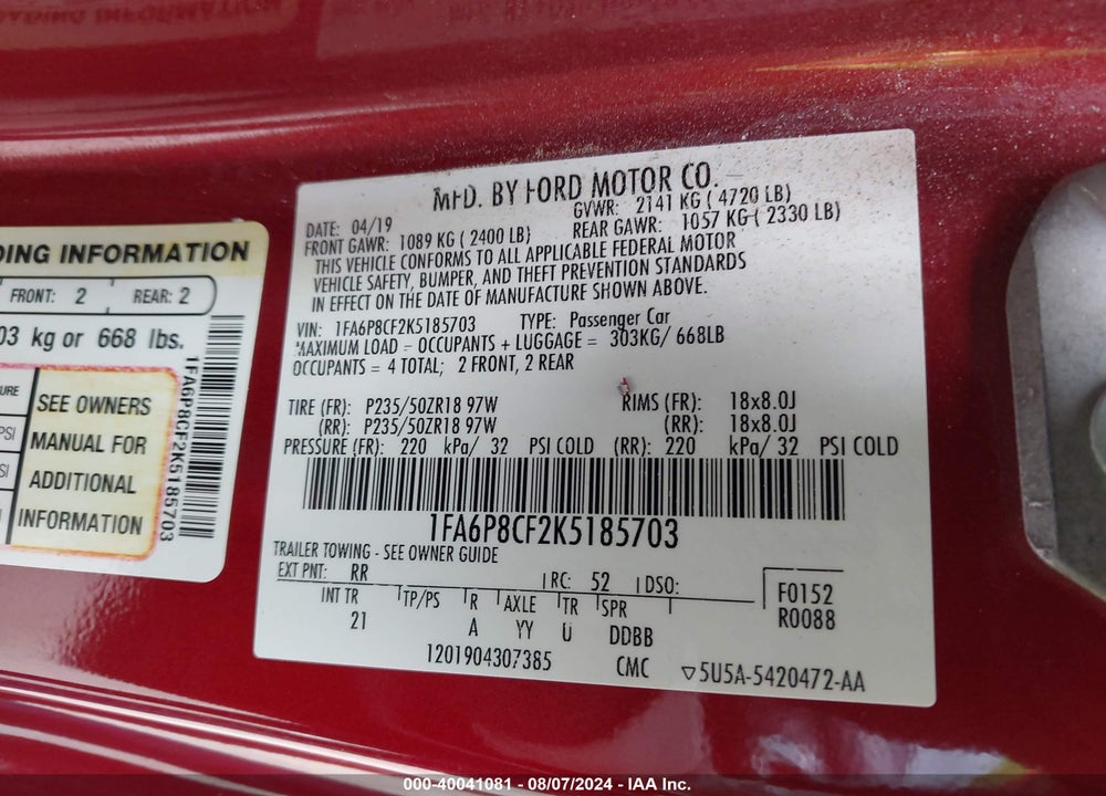 2019 FORD MUSTANG GT VIN: 1FA6P8CF2K5185703
