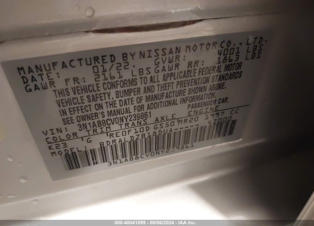 2022 NISSAN SENTRA SV XTRONIC CVT VIN: 3N1AB8CV0NY239861