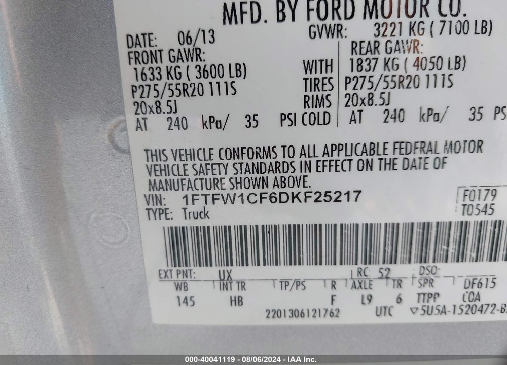 2013 FORD F-150 LARIAT VIN: 1FTFW1CF6DKF25217