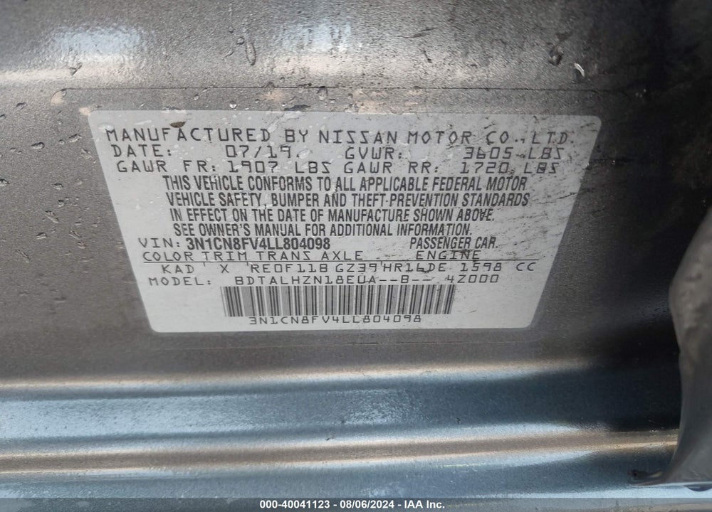 2020 NISSAN VERSA SR XTRONIC CVT VIN: 3N1CN8FV4LL804098