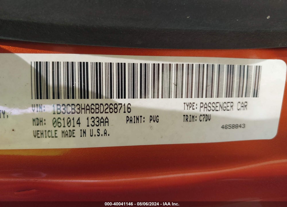 2011 DODGE CALIBER MAINSTREET VIN: 1B3CB3HA6BD268716