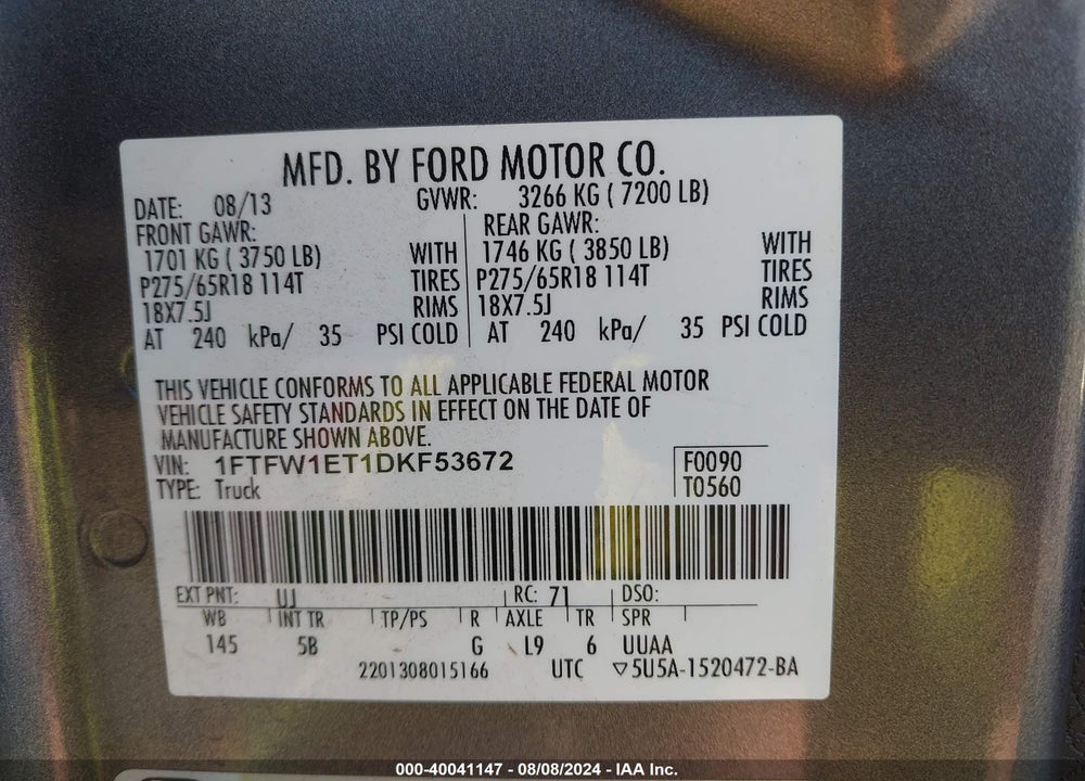 2013 FORD F-150 VIN: 1FTFW1ET1DKF53672